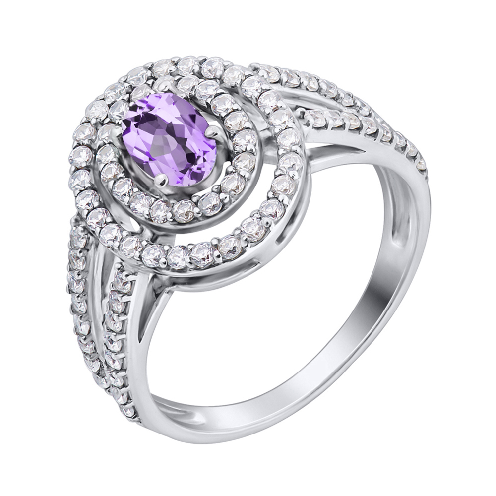 

Серебряное кольцо с аметистом и фианитами 000122574 18 размера