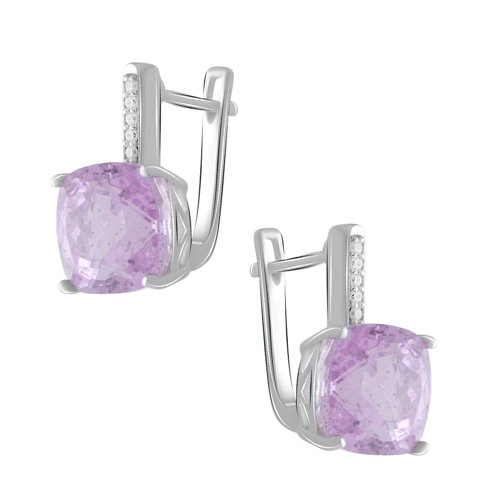 

Срібні сережки 925 проби 6,33 г з кунцитами з США класу AAA та білими цирконами 12,235 карат Valentine