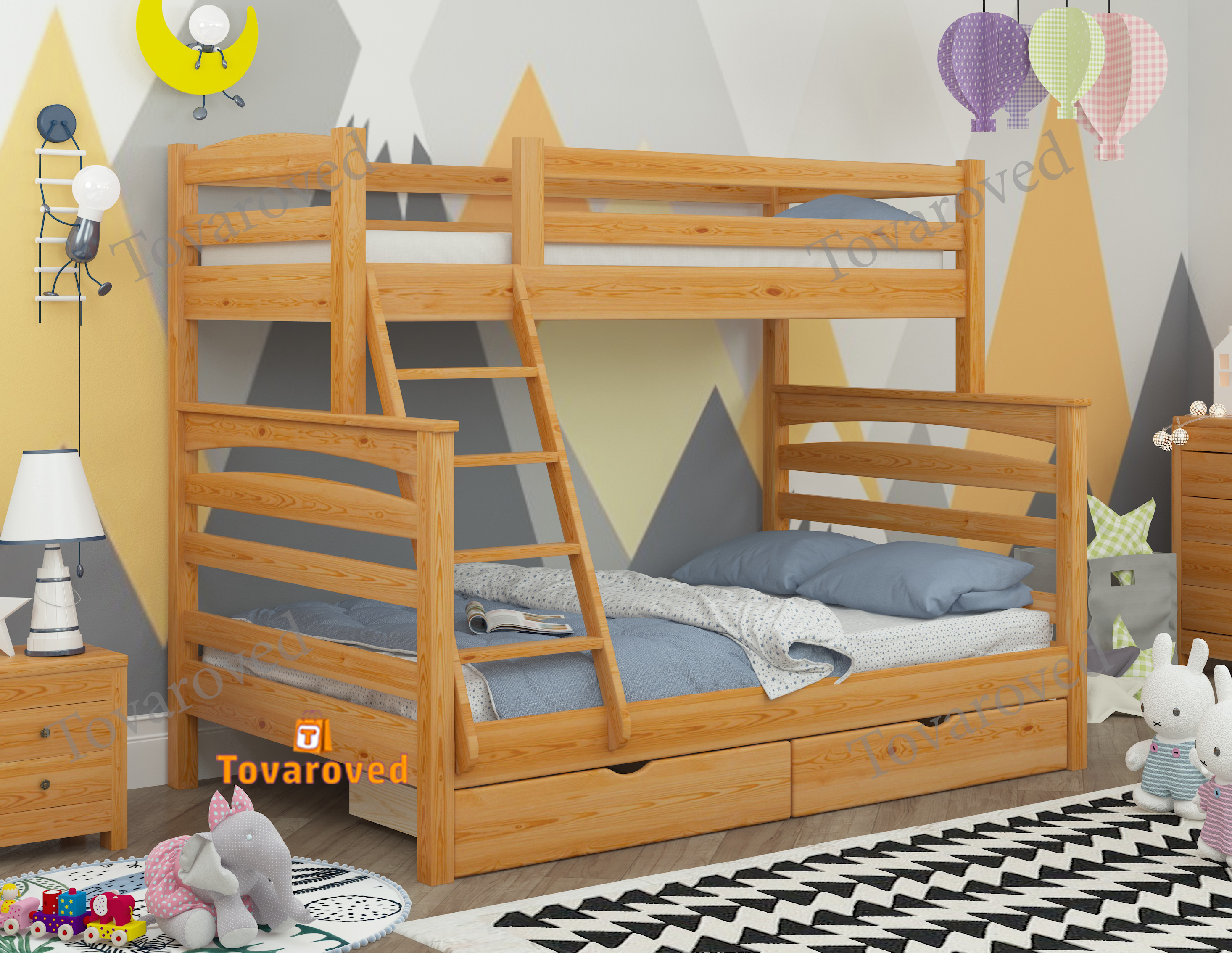 

Двухъярусная кровать с Ящиками 90х140х190 Wellmebely Кай Трансформер сосна Ольха Л6