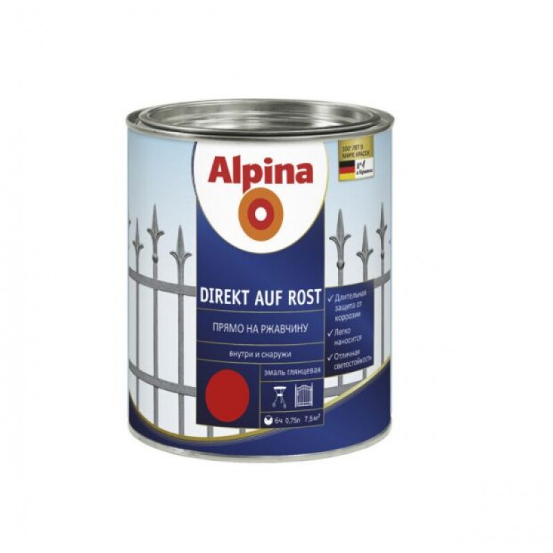 

Эмаль Алкидная Alpina Direkt Auf Rost (Огненно Красный) RAL3000 2,5л