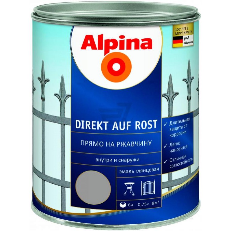 

Эмаль Алкидная Alpina Direkt Auf Rost (Серебряный) RAL9006 0,3л