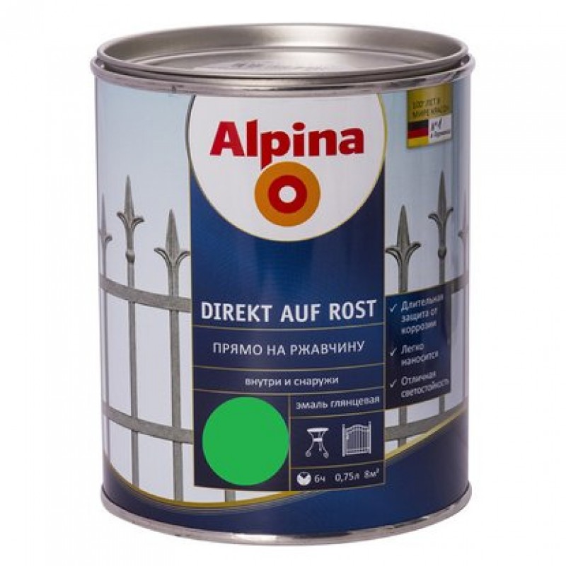 

Эмаль Алкидная Alpina Direkt Auf Rost (Зеленый) RAL6005 0,75л