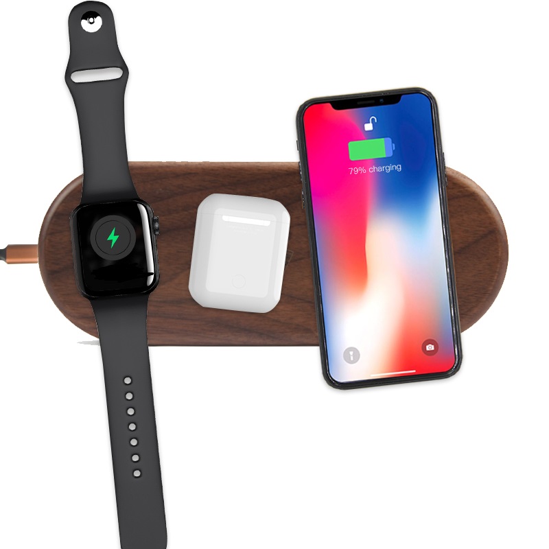 

Беспроводная зарядка 3в1 BeEco из дерева 10 Вт. Быстрая зарядка для iPhone, Samsung, Airpods, AppleWatch.