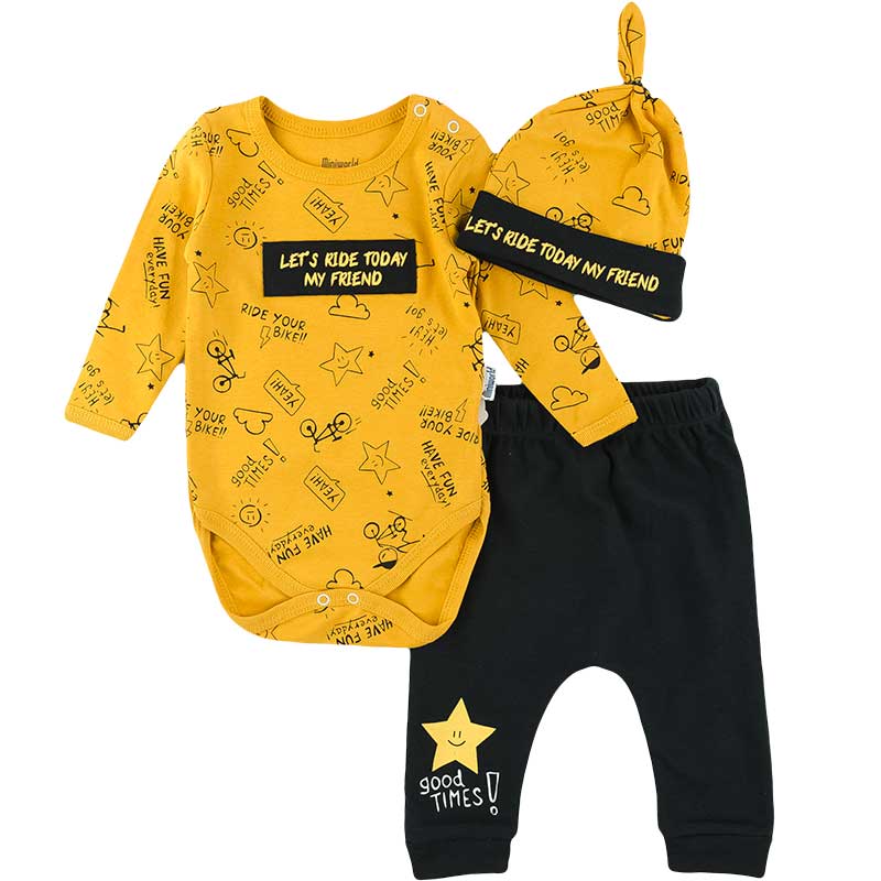 

Комплект для мальчика (бодик + штанишки + шапочка) MINIWORLD 15071 68 см горчица - черный (555797)