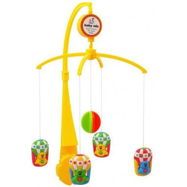 

Мобыль детский пластиковый самозаводной с игрушками Baby Mix SK/20034АS, Мишки на воздушном шаре, желтый