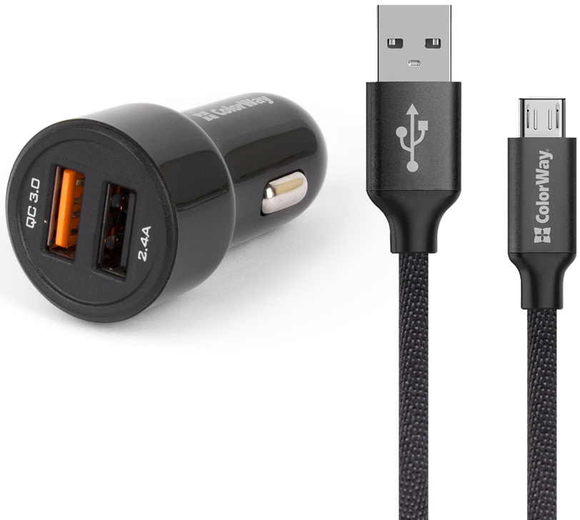 

Автомобильное зарядное устройство ColorWay 2 USB QC 3.0 + 2.4 A с кабелем MicroUSB 2.1 A 1 м Black (CW-CASC007)