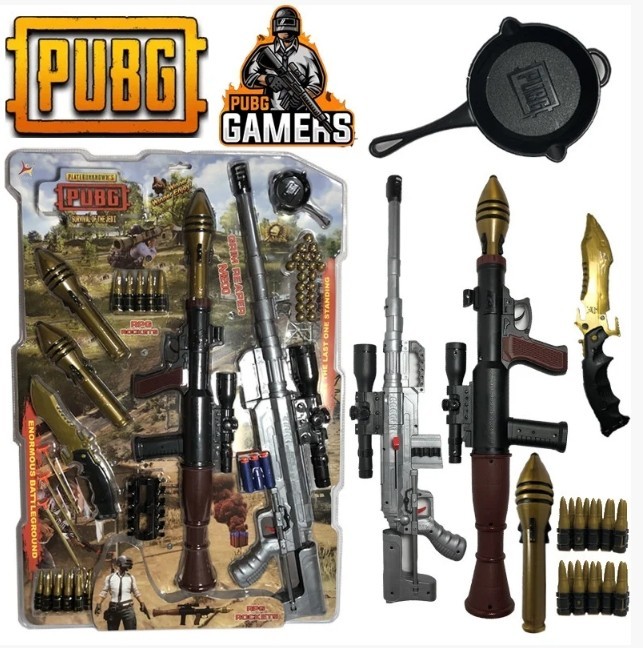 

Игрушечный набор оружия Pubg (гранатомет, снайперская винтовка, нож, сковорода, патроны)