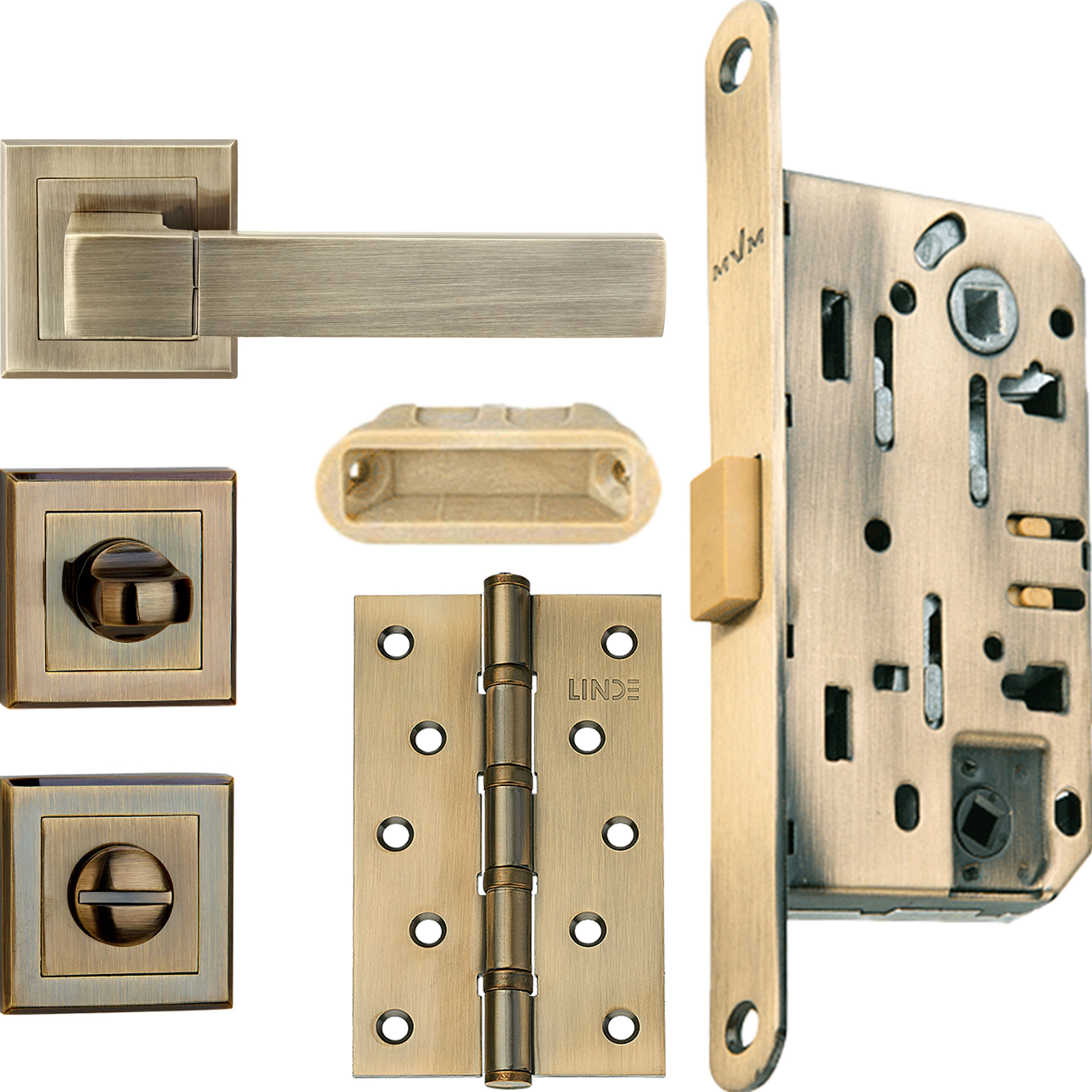 

Ручки комплект с защелкой WC + универсальные петли Linde Hex Trend AB