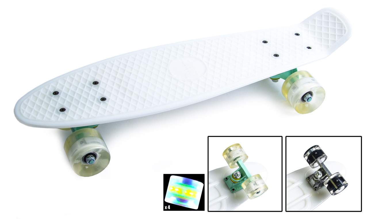 

Скейтборд "Penny Board", Белый цвет, усиленный пластик, светящиеся колеса