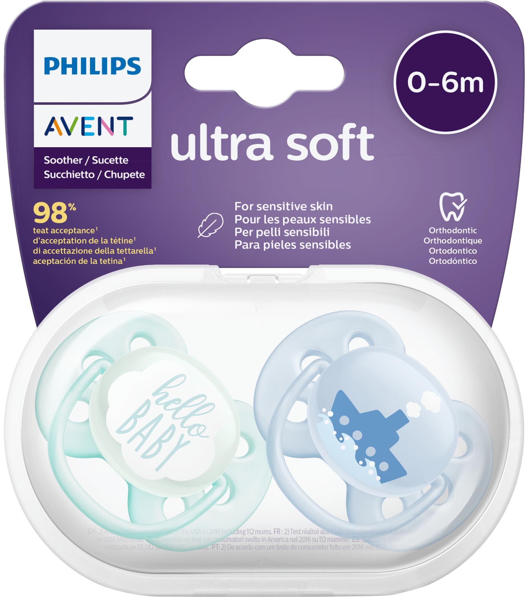 Акція на Пустышка Philips AVENT Ultra Soft для мальчиков 0-6 мес 2 шт (SCF222/01) від Rozetka UA