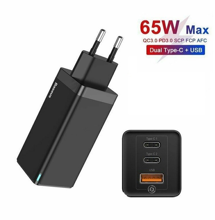 

Зарядное устройство Baseus 65W Quick Charger 2хType-C/USB black