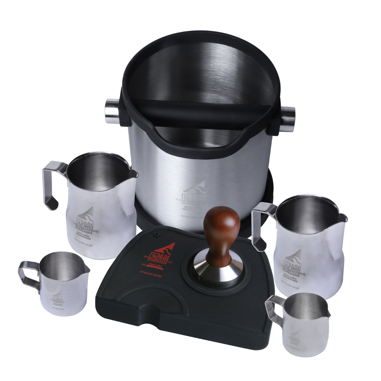 

Темпер для кофе простой+Питчер для молока Мотта 2шт+Сливочник 2шт+Коврик+Нок-Бокс (28)