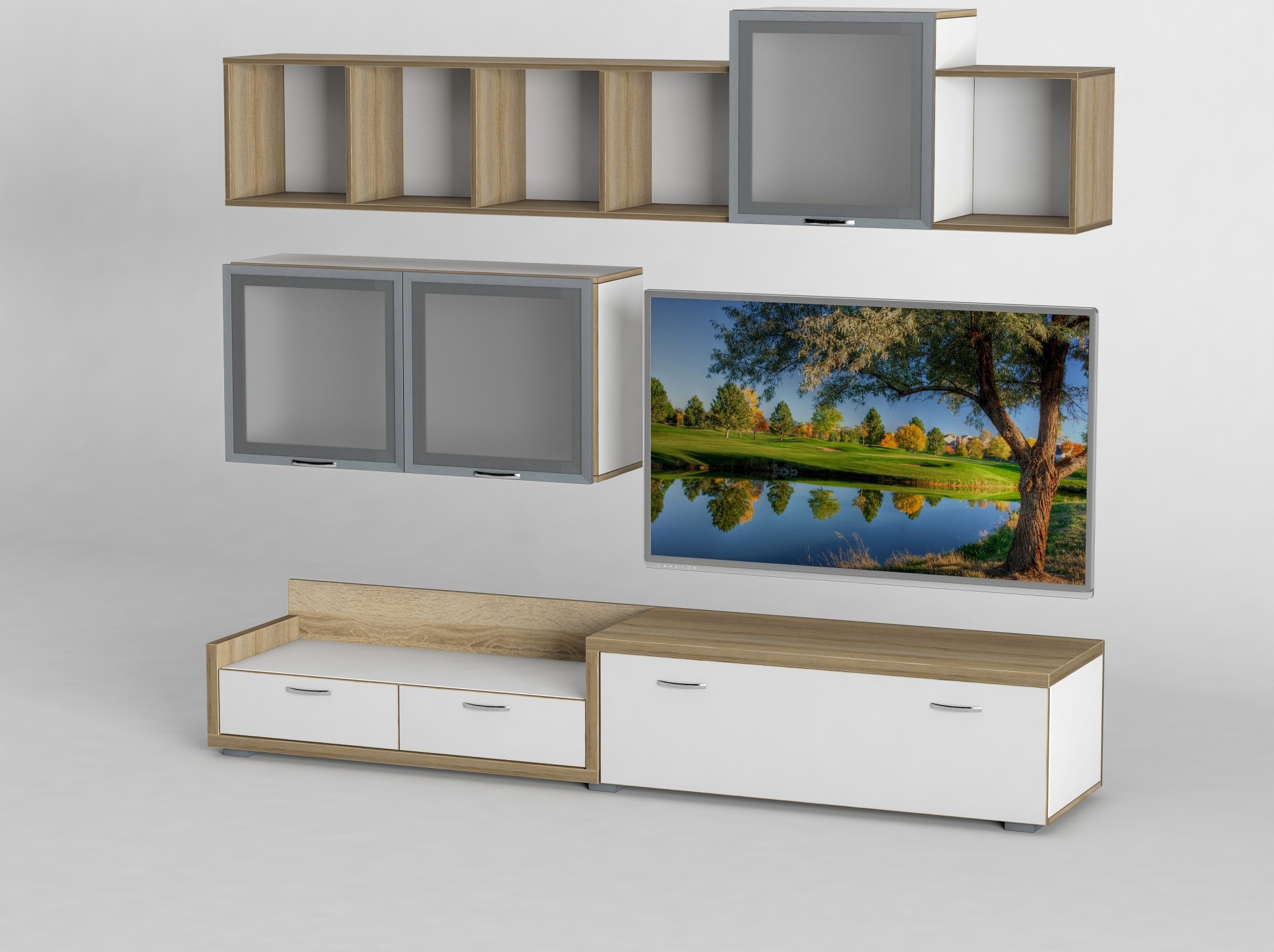 

Стенка Тиса Гостиная-221 Дуб сонома + Белый матовый