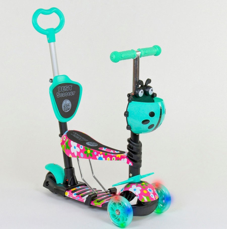 

Самокат - беговел 5в1 детский Best Scooter 43702 Бирюзовый. Цветочный принт.