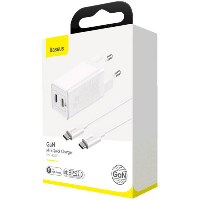 

Baseus GaN Mini Quick Charger C+С 45W with Mini Cable Type-C toType-C 60W White (CCGAN-M02SZUWH)