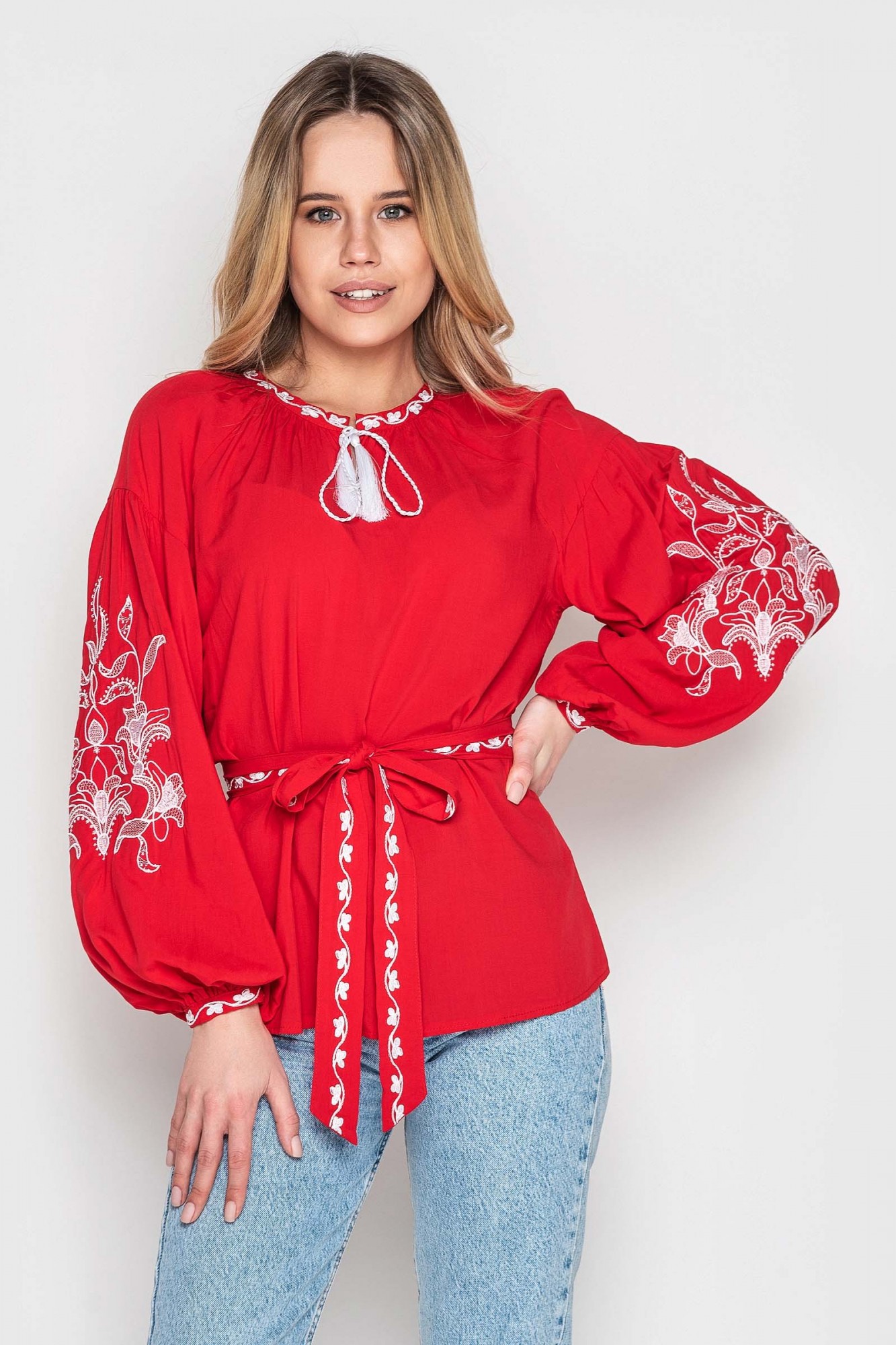 

Вышиванка Narodnyy Butik Женская вышиванка штапель бордо белая вышивка пояс Красная 50 1047.1