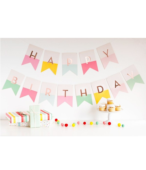 

Гирлянда-флажки на день рождения "Happy Birthday" color mix & gold 2 м (P12)