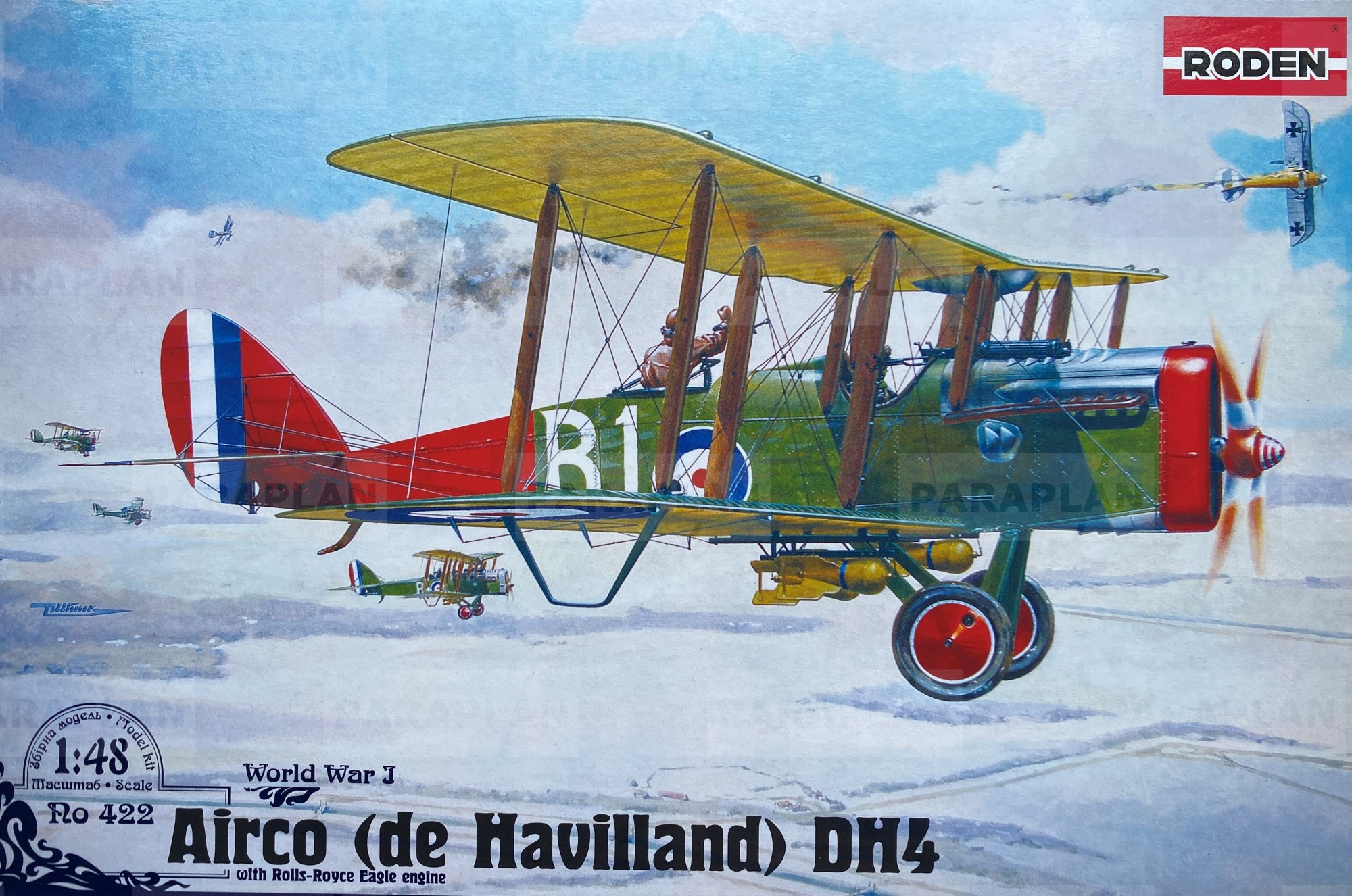 

Сборная модель RODEN 422 самолета биплан De Havilland DH4 Eagle