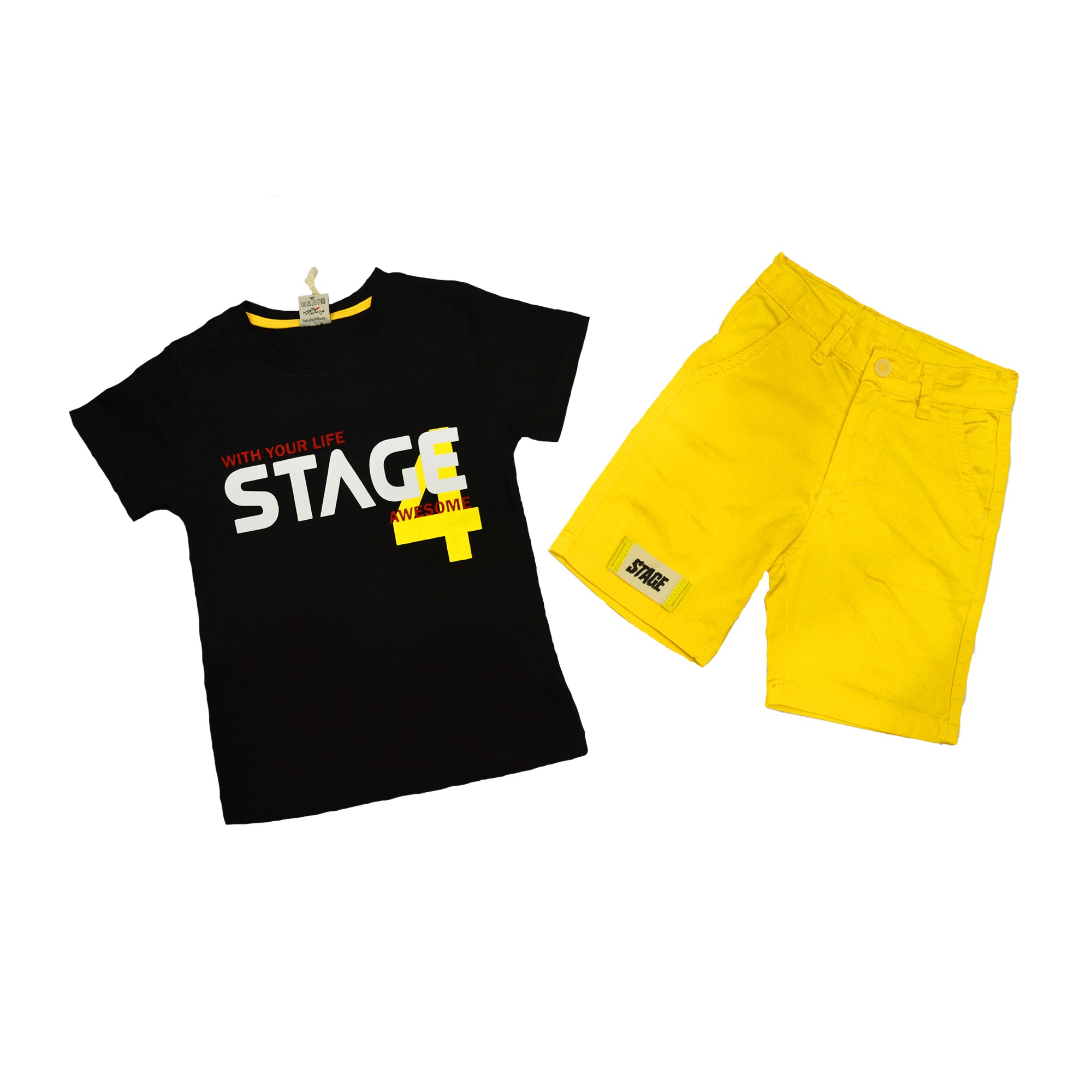 

Комплект для мальчика ( 1 шт ) Турция чёрная футболка с короткими рукавами и надписью и жёлтые шорты 5 лет (110-116см) 529