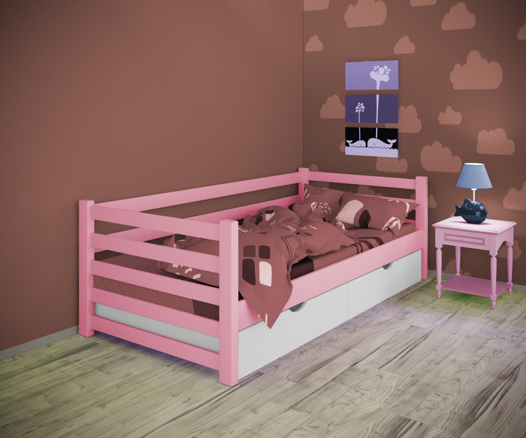 

Кровать односпальная тахта RainbowDream Ламия 80х190 см розовый массив ольхи, с ящиками