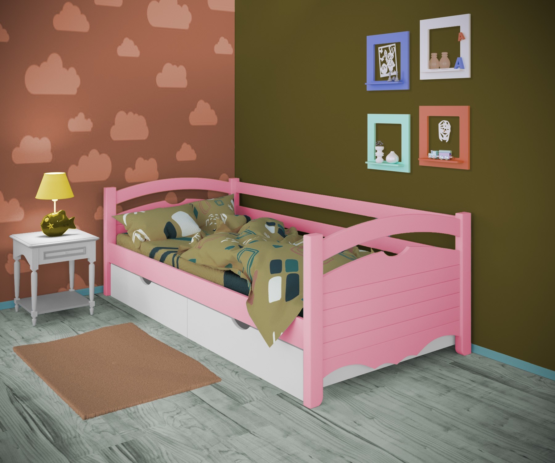

Кровать односпальная тахта RainbowDream Фирина 80х190 см розовый массив ольхи, с ящиками