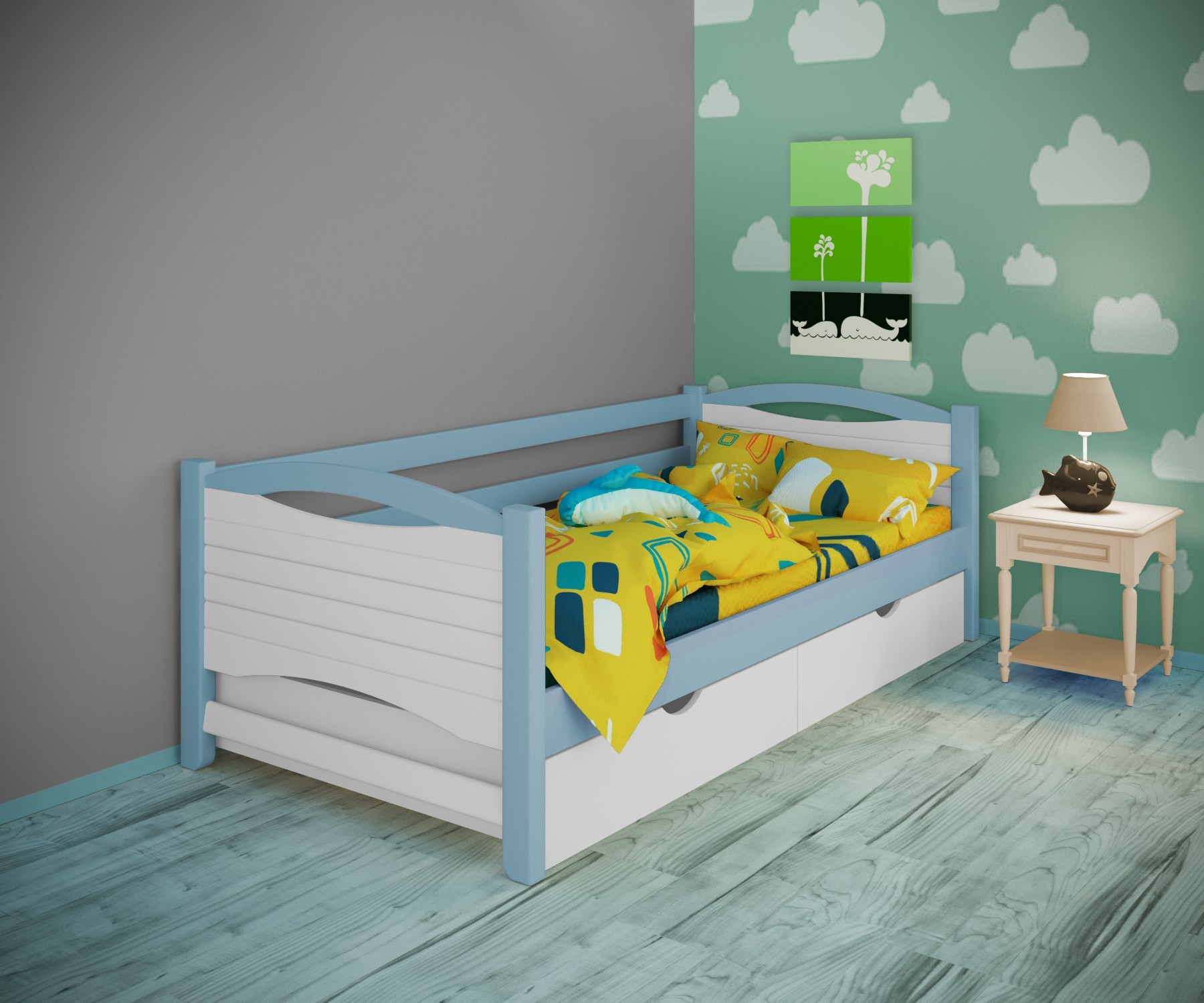 

Кровать односпальная тахта RainbowDream Анимона 90х190 см бело-голубой массив ольхи, с ящиками