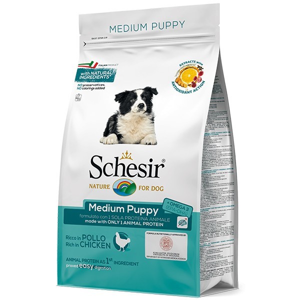 

Сухой монопротеиновый корм для щенков средних пород Шезир Schesir Dog Medium Puppy с курицей, 12 кг (8005852161123)