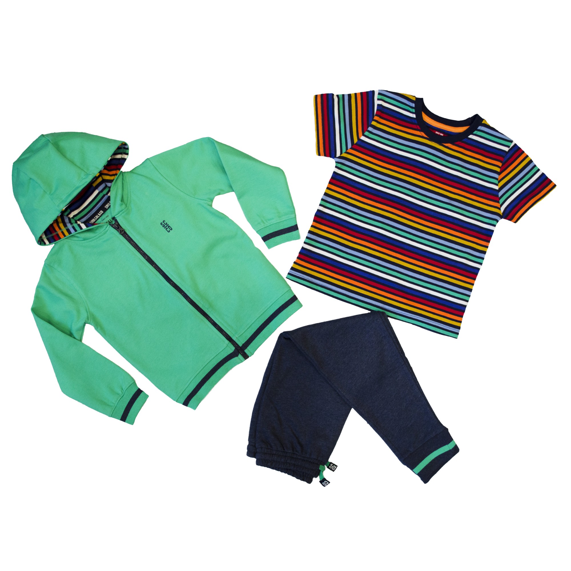 

Спортивный костюм для мальчика ( 1 шт ) SoulCal зелёная кофта на молнии футболка цветная полосатая синие штаны 3-4 года (98-104см) 715