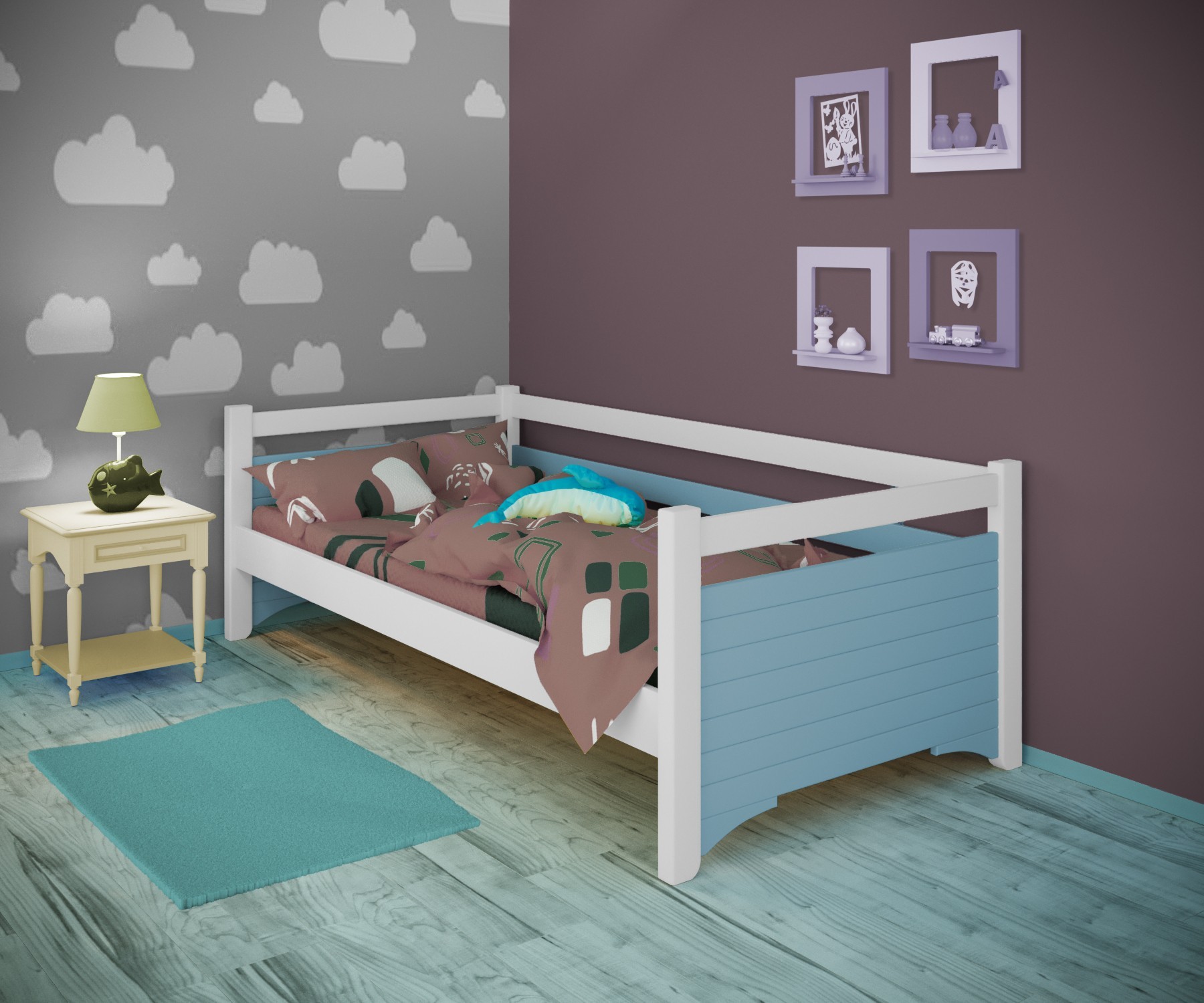 

Кровать односпальная тахта RainbowDream Дюпон 90х190 см бело-голубой массив ольхи, без ящиков