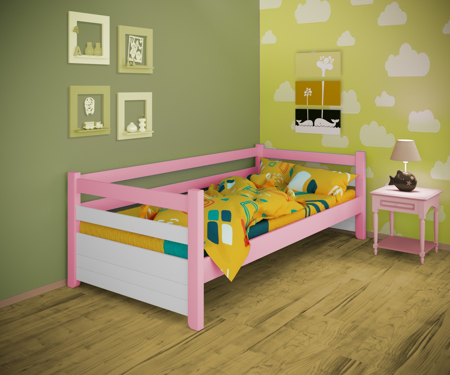 

Кровать односпальная тахта RainbowDream Маркус 90х190 см бело-розовый массив ольхи, без ящиков