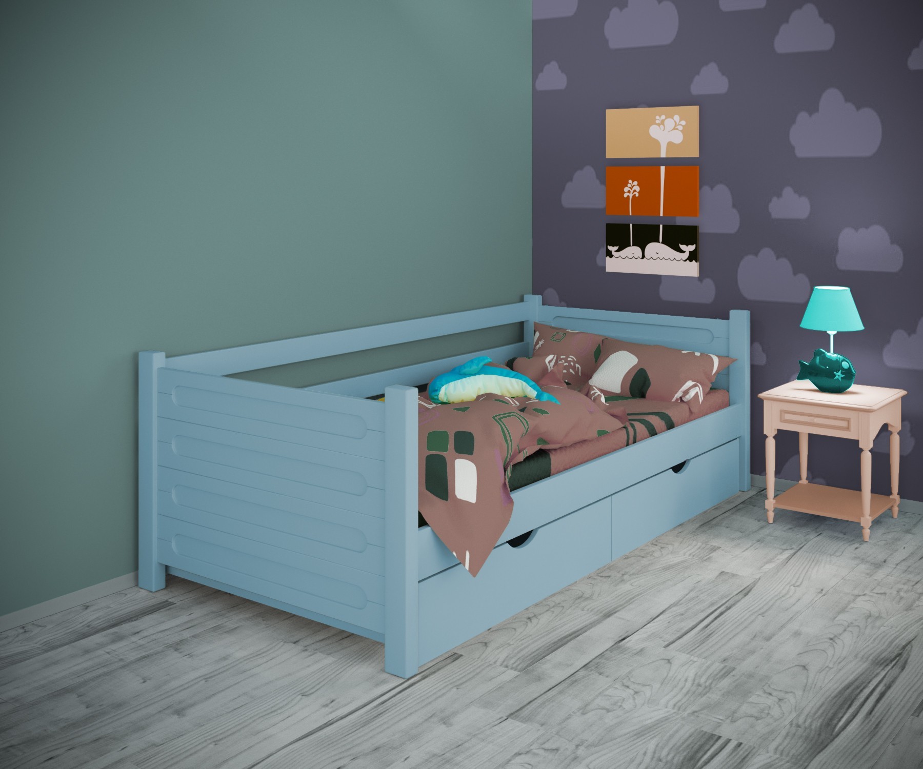 

Кровать односпальная тахта RainbowDream Йокка 90х190 см голубой массив ольхи, с ящиками