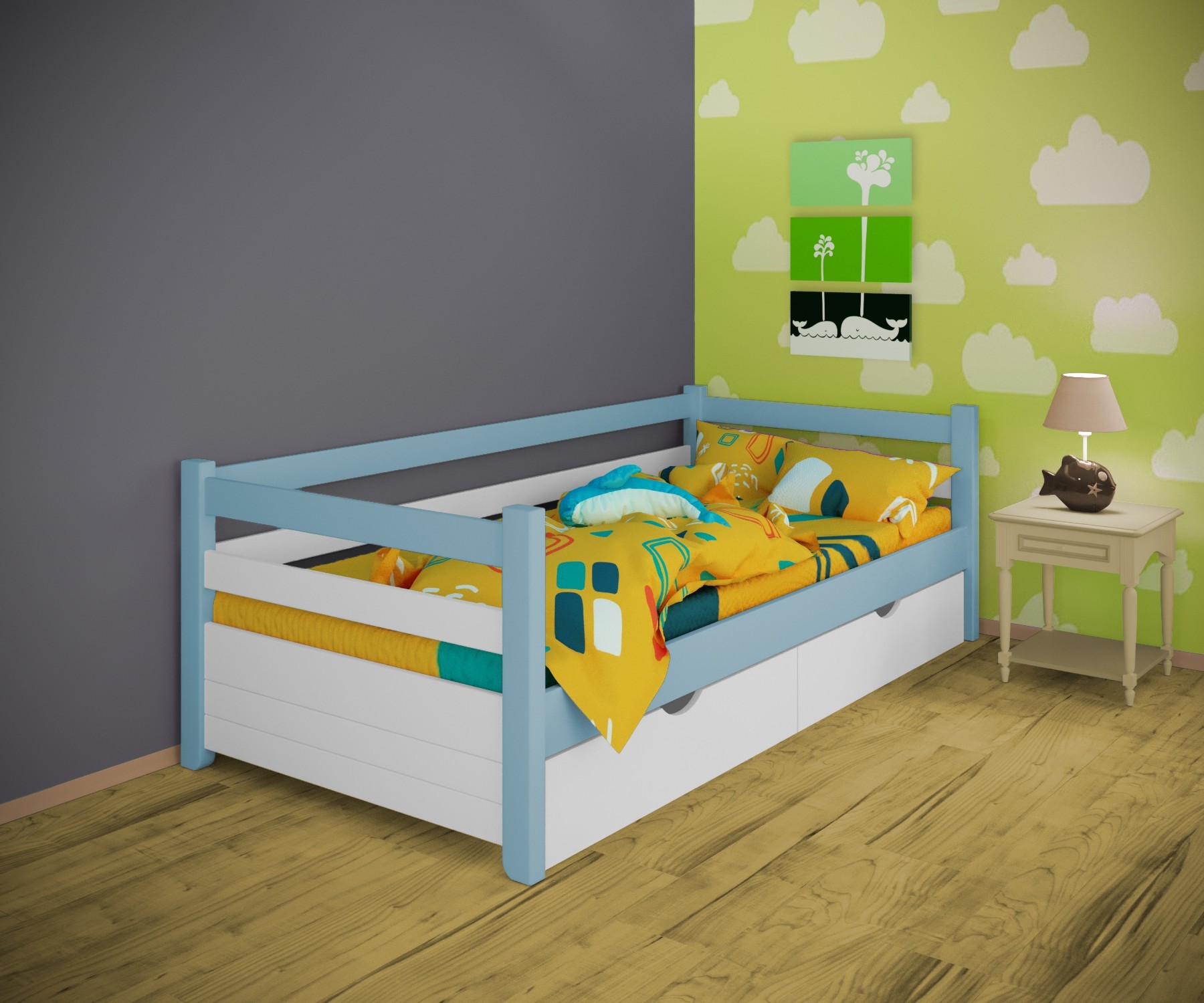 

Кровать односпальная тахта RainbowDream Маркус 90х190 см бело-голубой массив ольхи, с ящиками