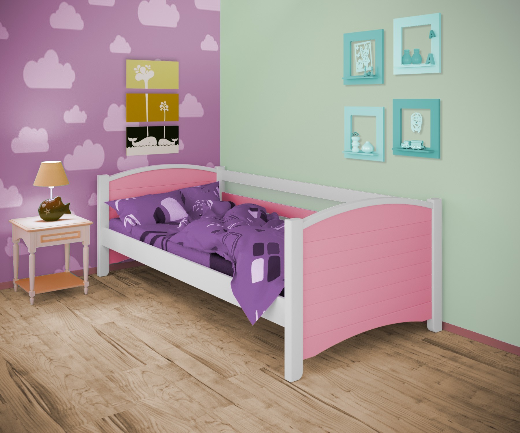 

Кровать односпальная тахта RainbowDream Доминика 90х190 см бело-розовый массив ольхи, без ящиков