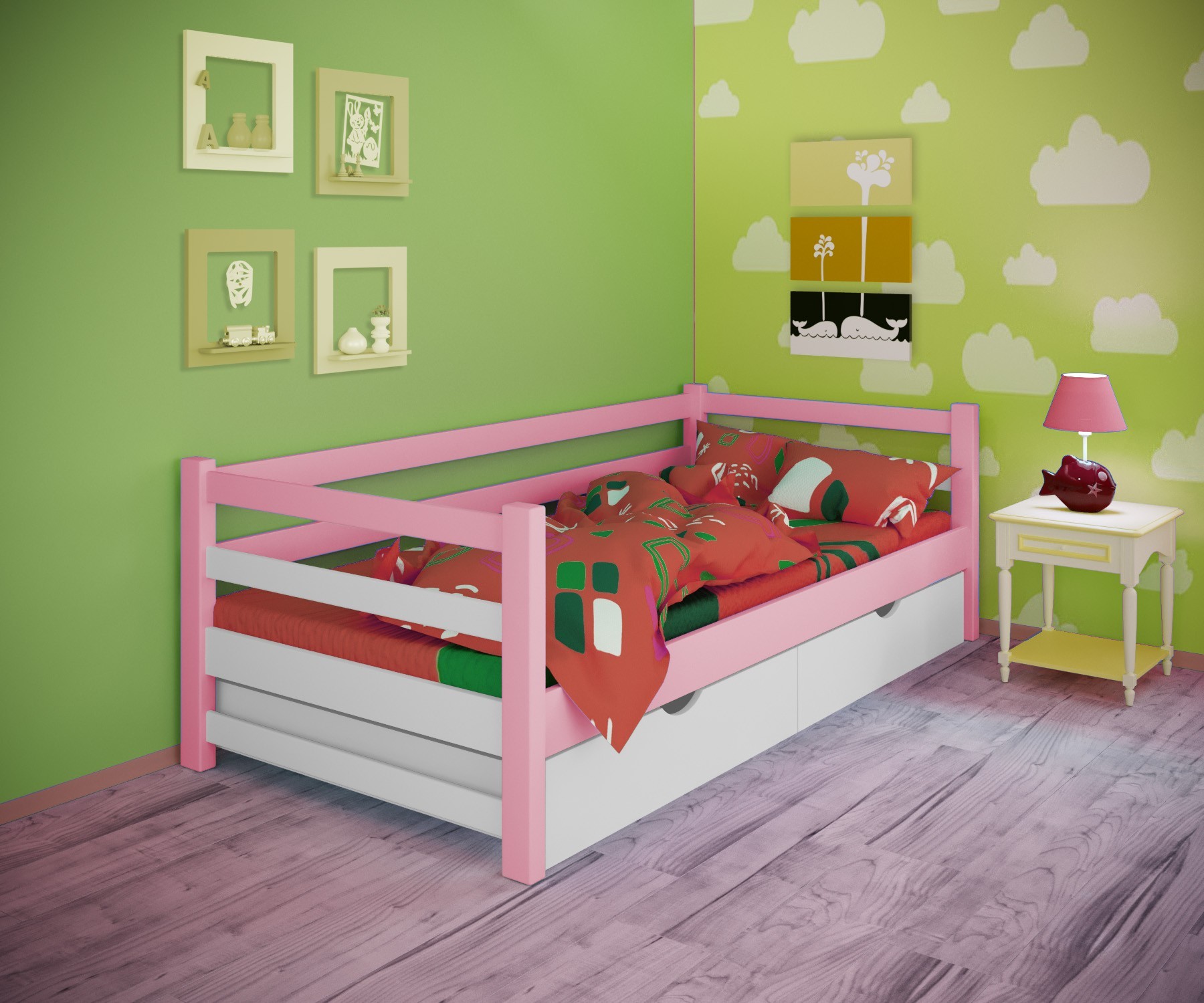 

Кровать односпальная тахта RainbowDream Лентори 90х190 см бело-розовый массив ольхи, с ящиками