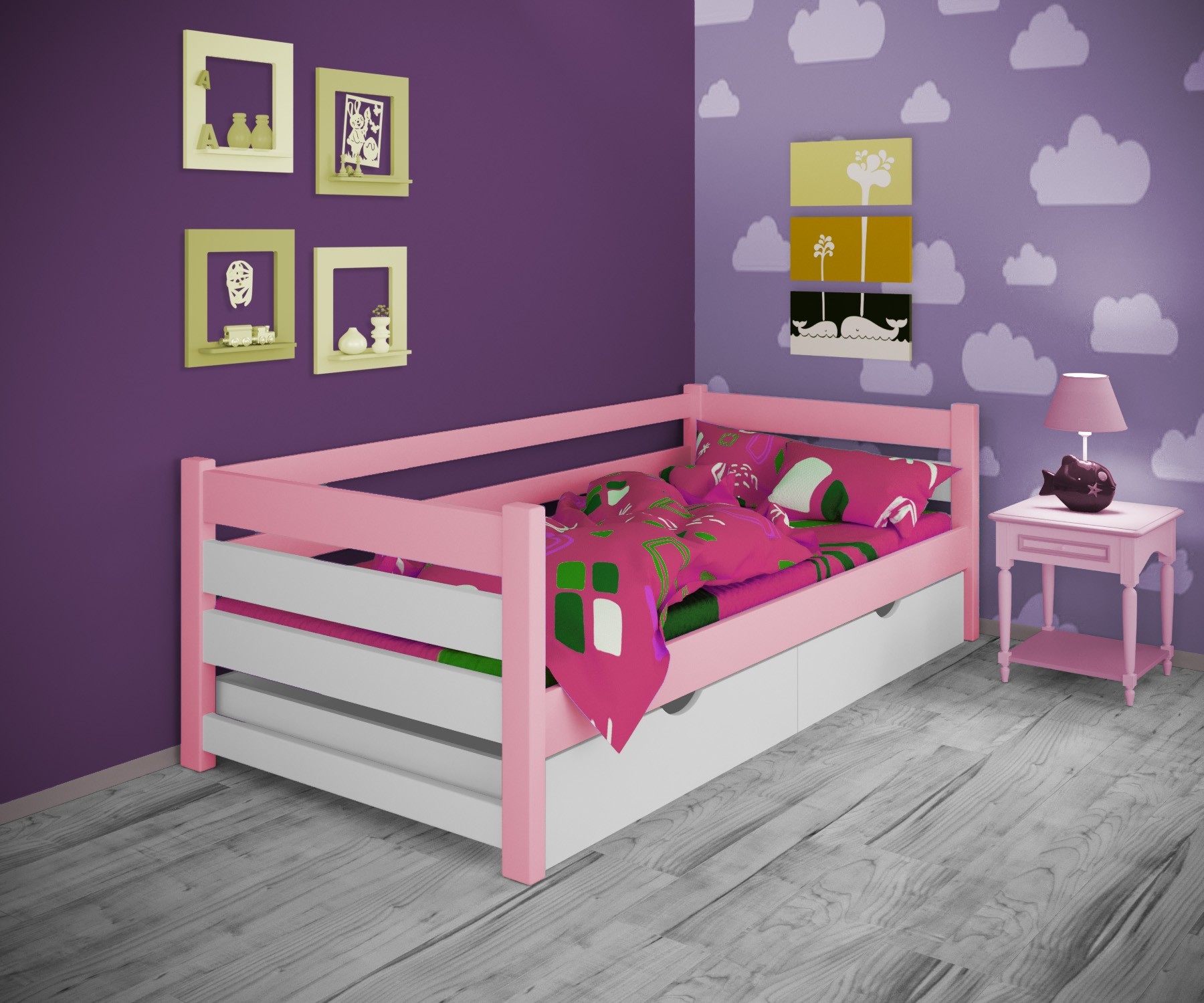 

Кровать односпальная тахта RainbowDream Мартино 90х190 см бело-розовый массив ольхи, с ящиками