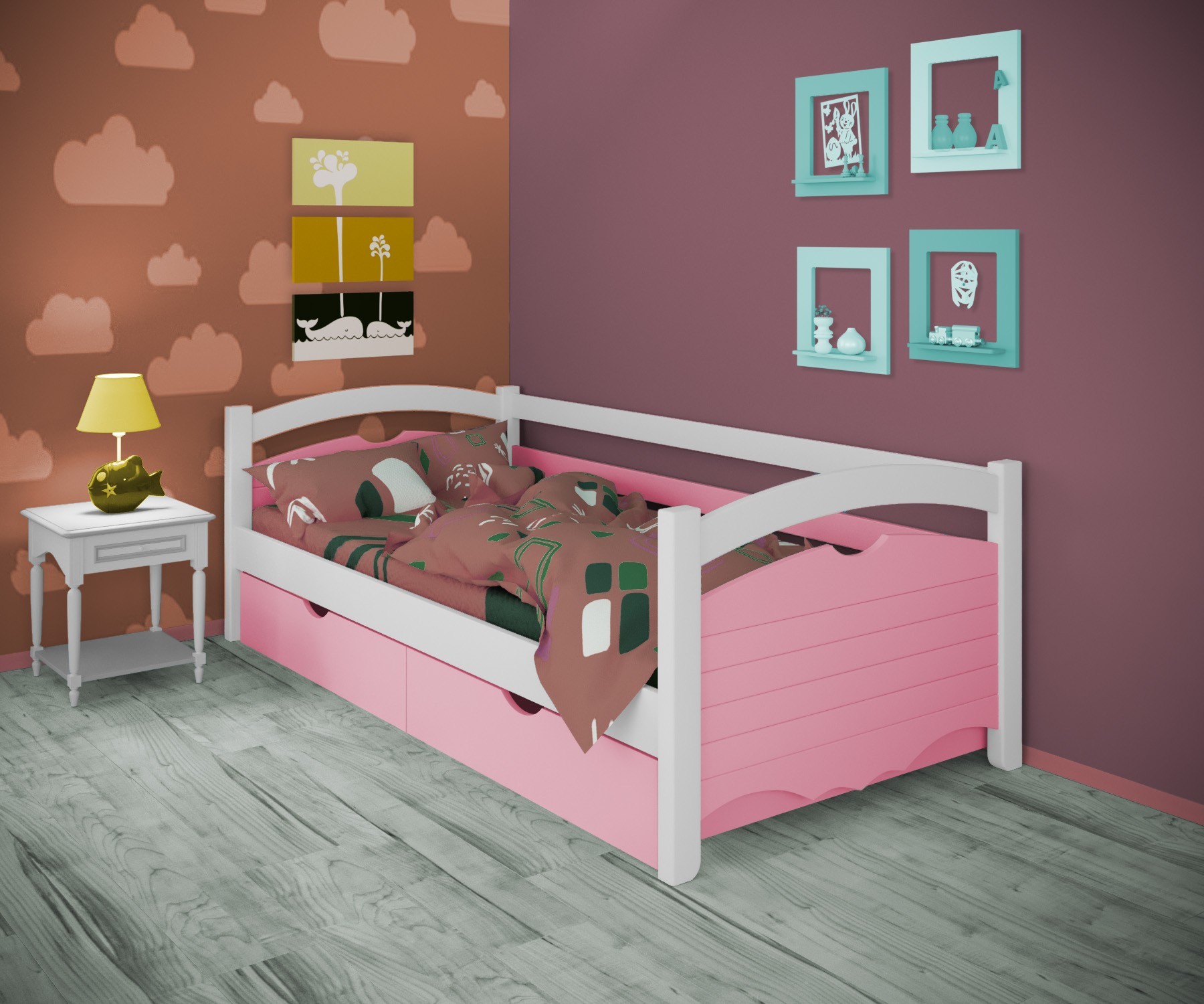 

Кровать односпальная тахта RainbowDream Фирина 90х190 см бело-розовый массив ольхи, с ящиками