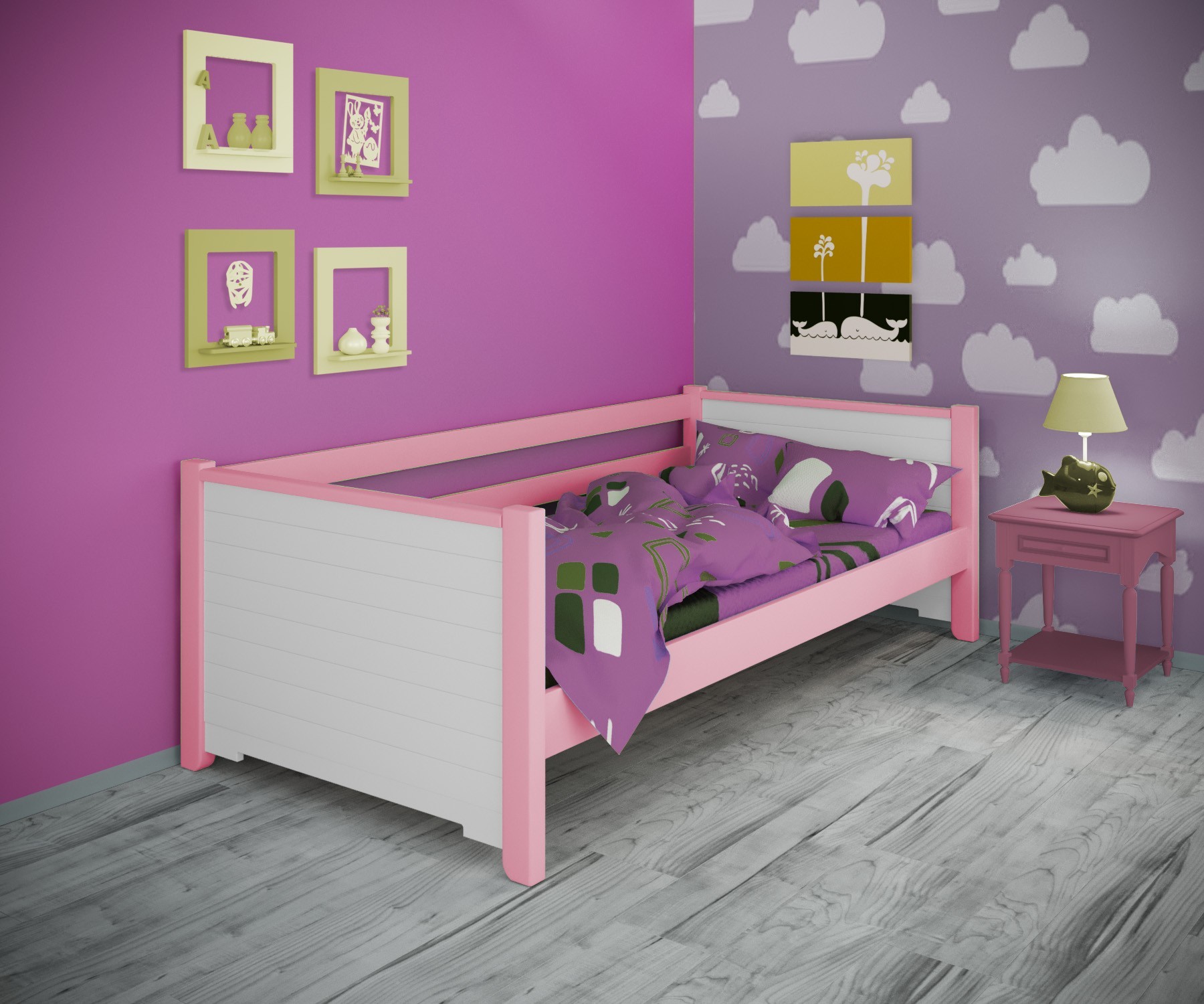 

Кровать односпальная тахта RainbowDream Фиронни 90х190 см бело-розовый массив ольхи, без ящиков