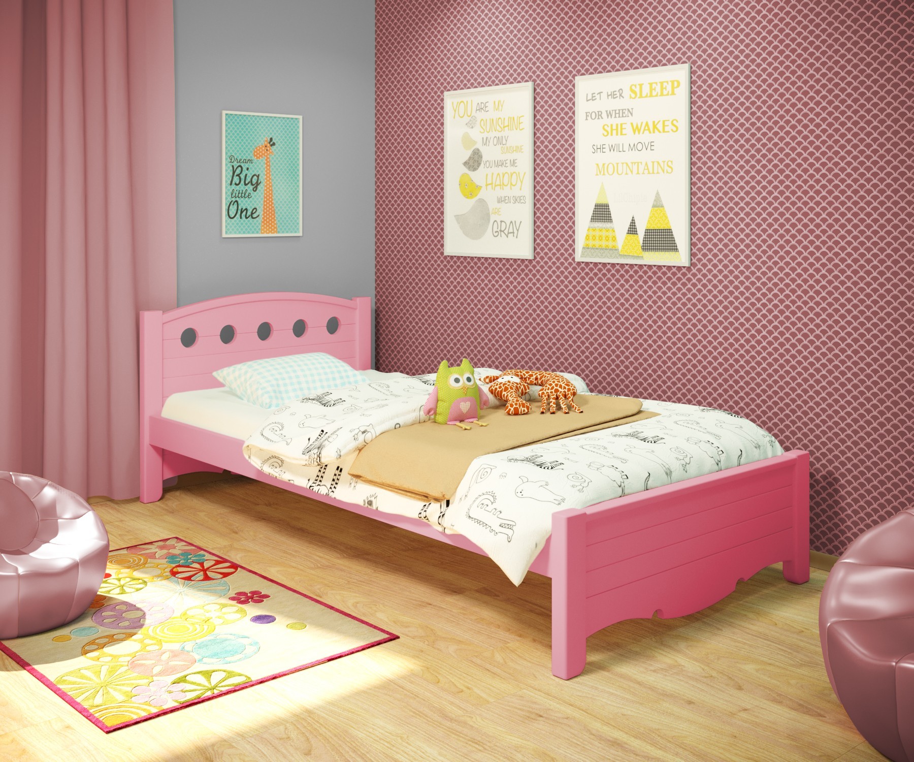 

Кровать односпальная RainbowDream Анри 80х190 см розовый массив ольхи, без ящиков