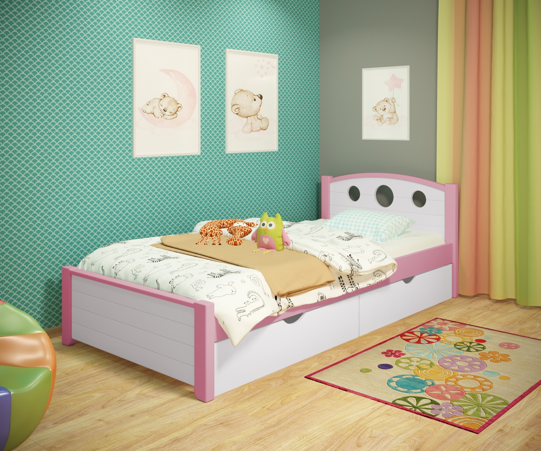 

Кровать односпальная RainbowDream Окки 80х190 см бело-розовый массив ольхи, с ящиками