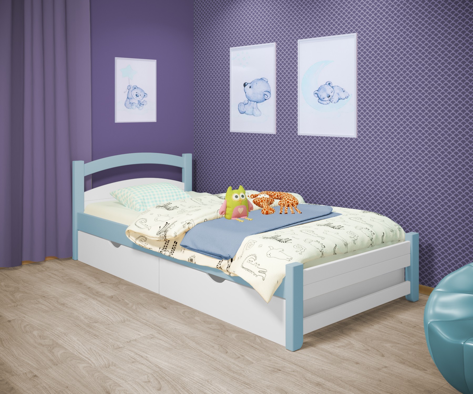 

Кровать односпальная RainbowDream Милана 80х190 см бело-голубой массив ольхи, с ящиками