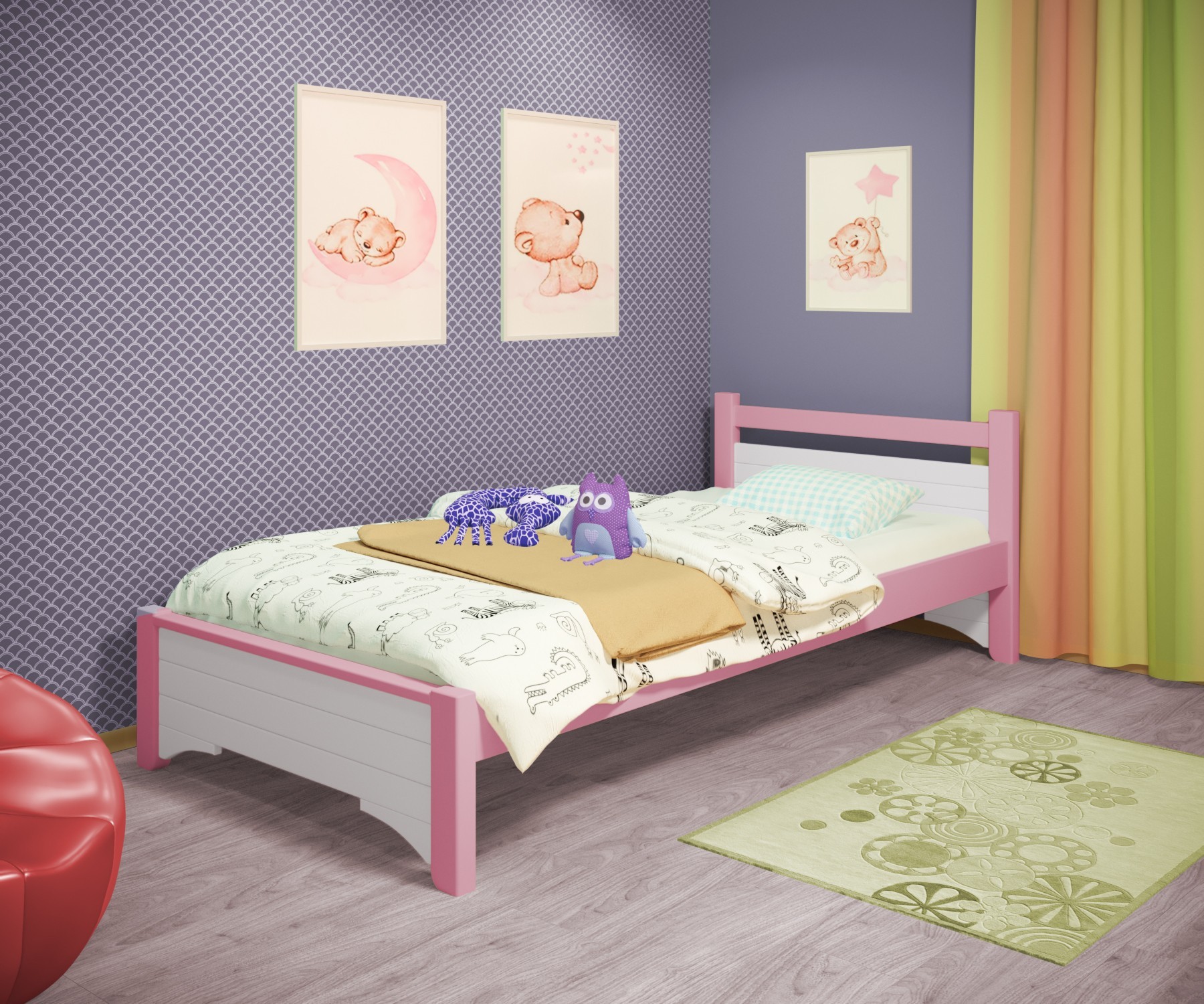 

Кровать односпальная RainbowDream Дюпон 80х190 см бело-розовый массив ольхи, без ящиков
