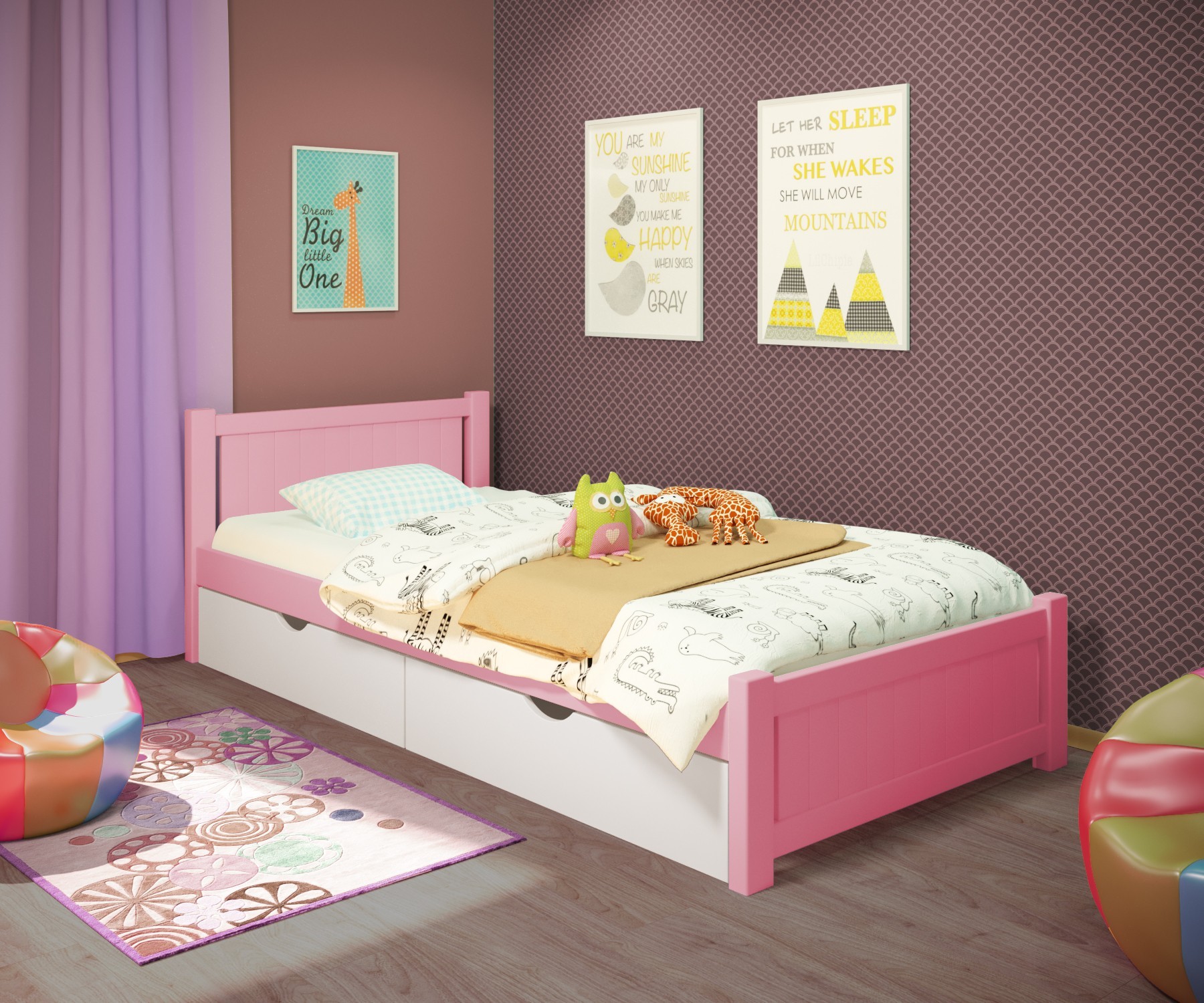 

Кровать односпальная RainbowDream Лимонти 80х190 см розовый массив ольхи, с ящиками