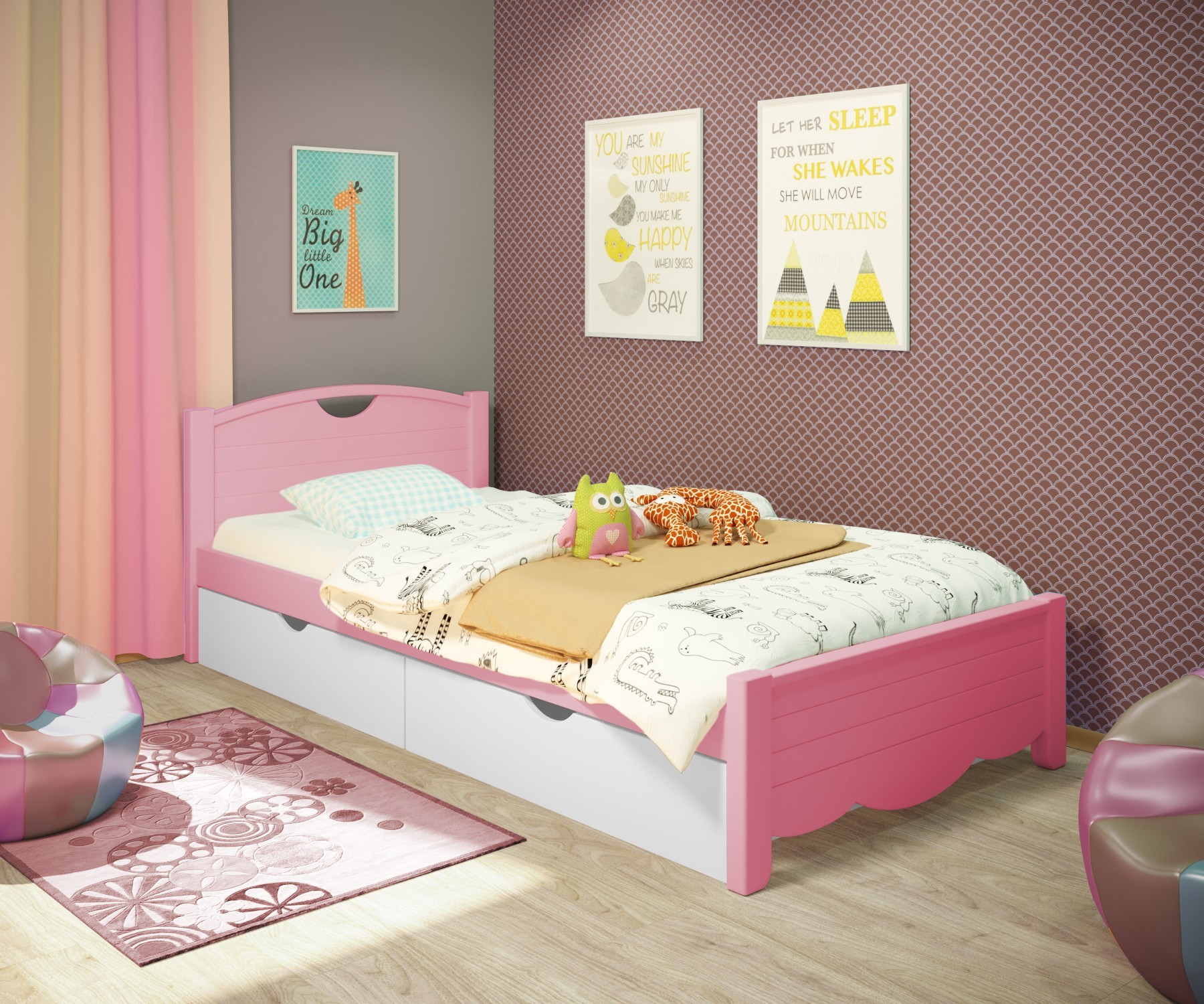 

Кровать односпальная RainbowDream Белла 80х190 см розовый массив ольхи, с ящиками