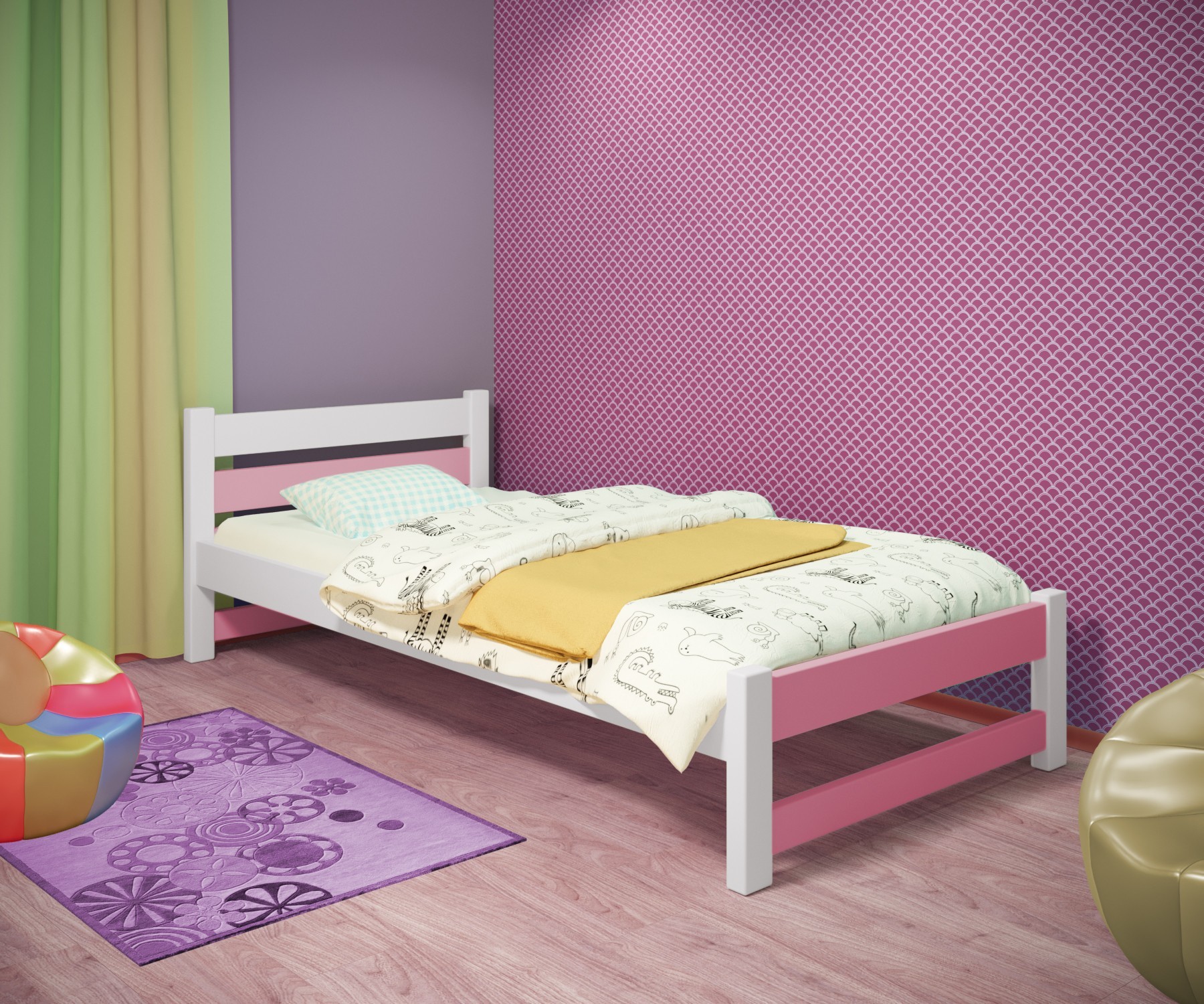 

Кровать односпальная RainbowDream Мартино 80х190 см бело-розовый массив ольхи, без ящиков