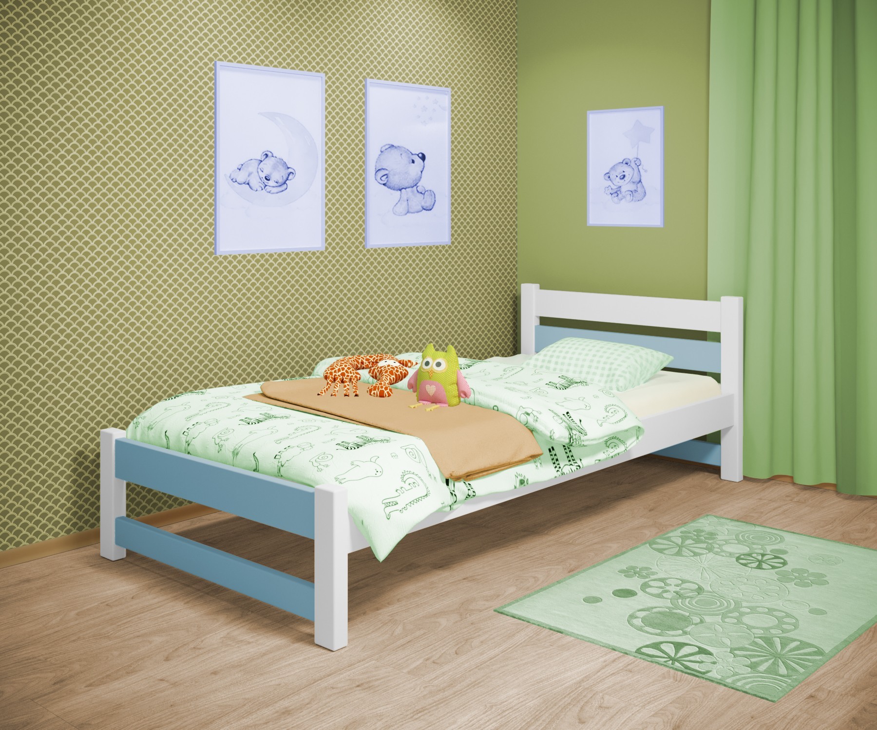 

Кровать односпальная RainbowDream Мартино 80х190 см бело-голубой массив ольхи, без ящиков