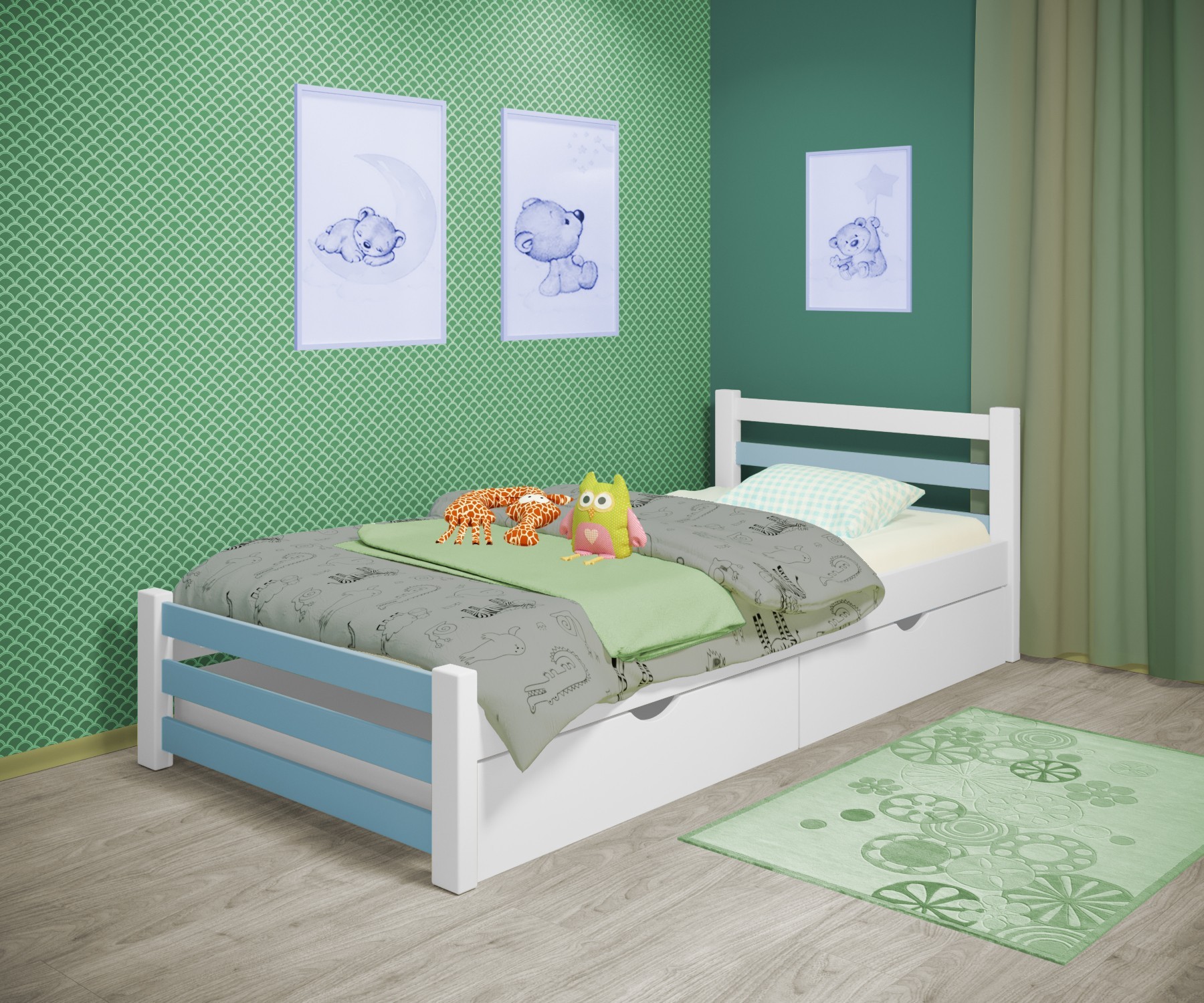 

Кровать односпальная RainbowDream Ламия 80х190 см бело-голубой массив ольхи, с ящиками