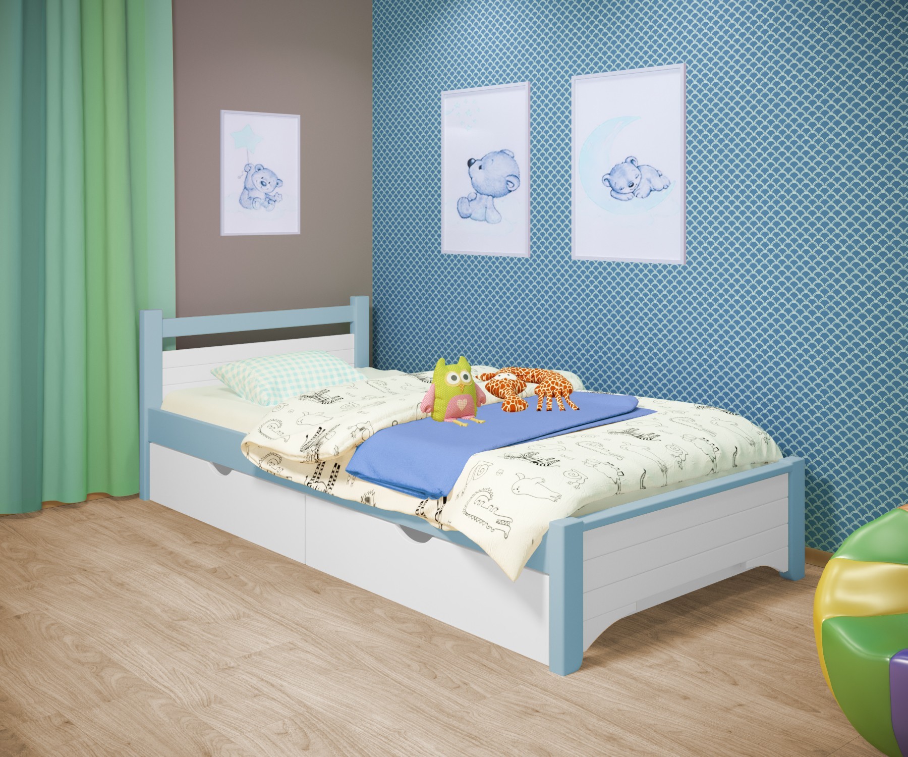 

Кровать односпальная RainbowDream Дюпон 80х190 см бело-голубой массив ольхи, с ящиками