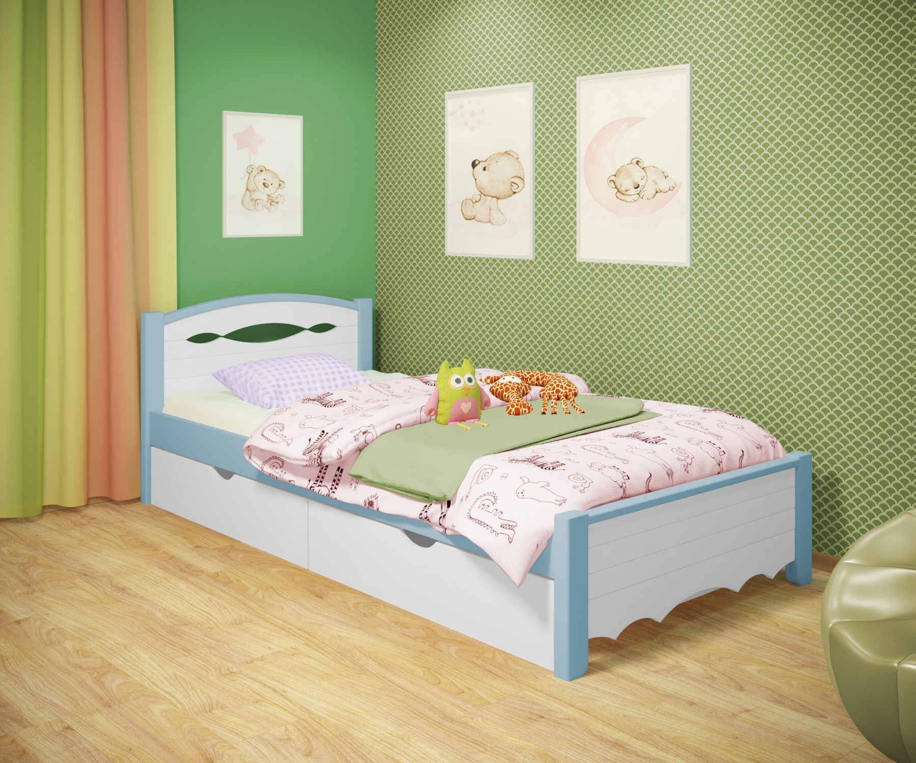 

Кровать односпальная RainbowDream Новус 80х190 см бело-голубой массив ольхи, с ящиками