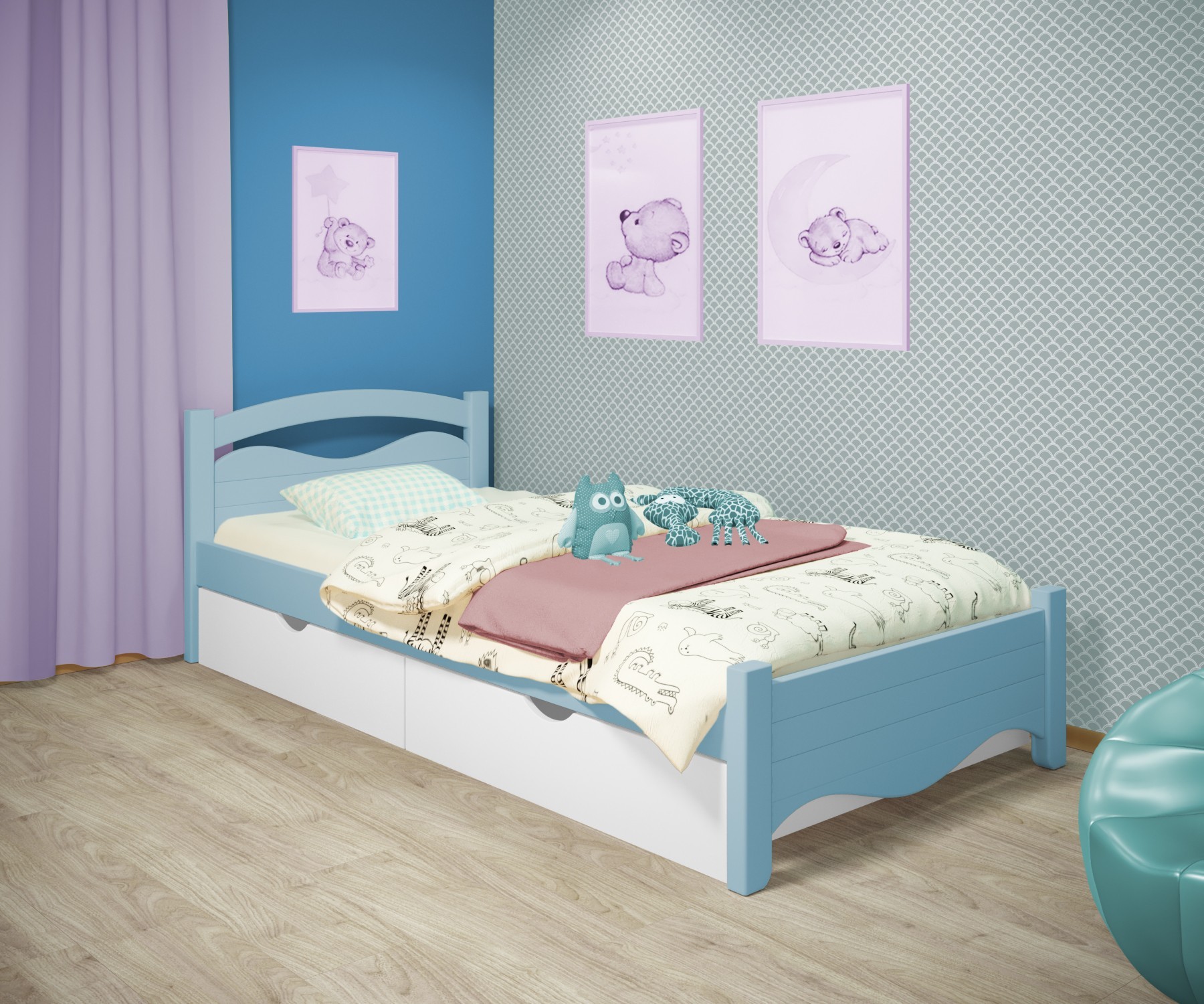 

Кровать односпальная RainbowDream Фабертино 90х200 см голубой массив ольхи, с ящиками
