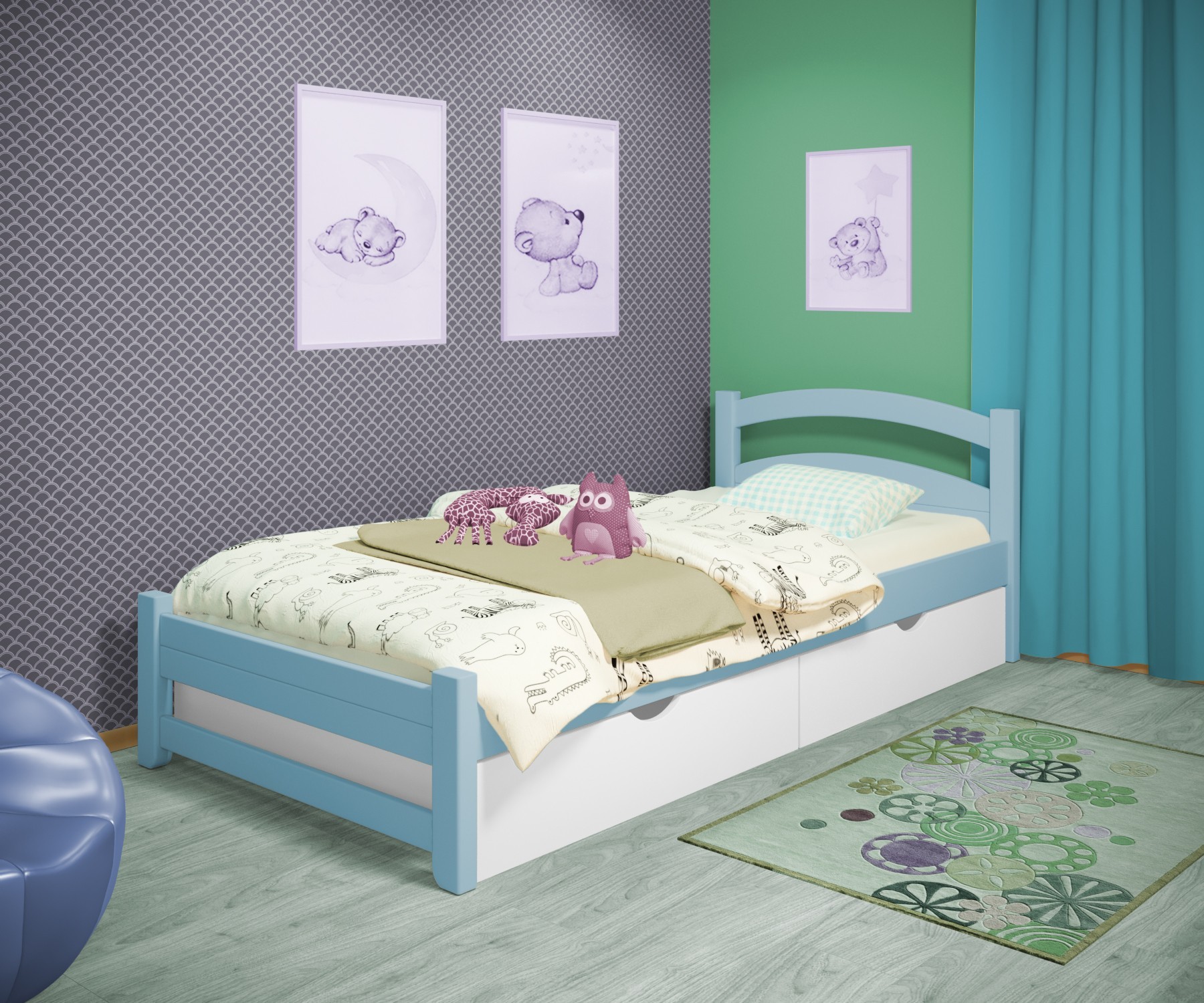 

Кровать односпальная RainbowDream Милана 80х180 см голубой массив ольхи, с ящиками